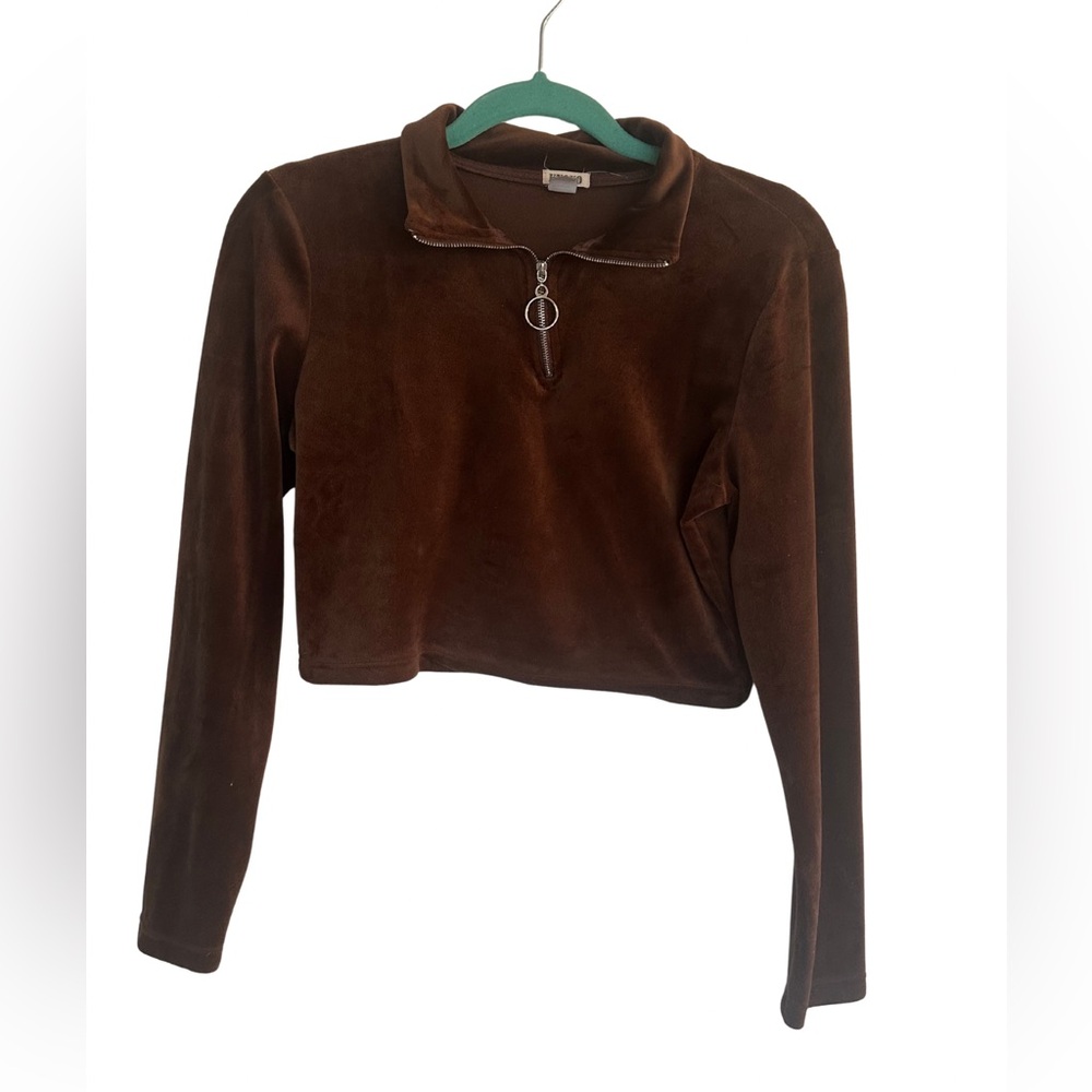 Kyoyo Women’s Brown Velour Cropped Quarter Zip Pullover – Size M/L